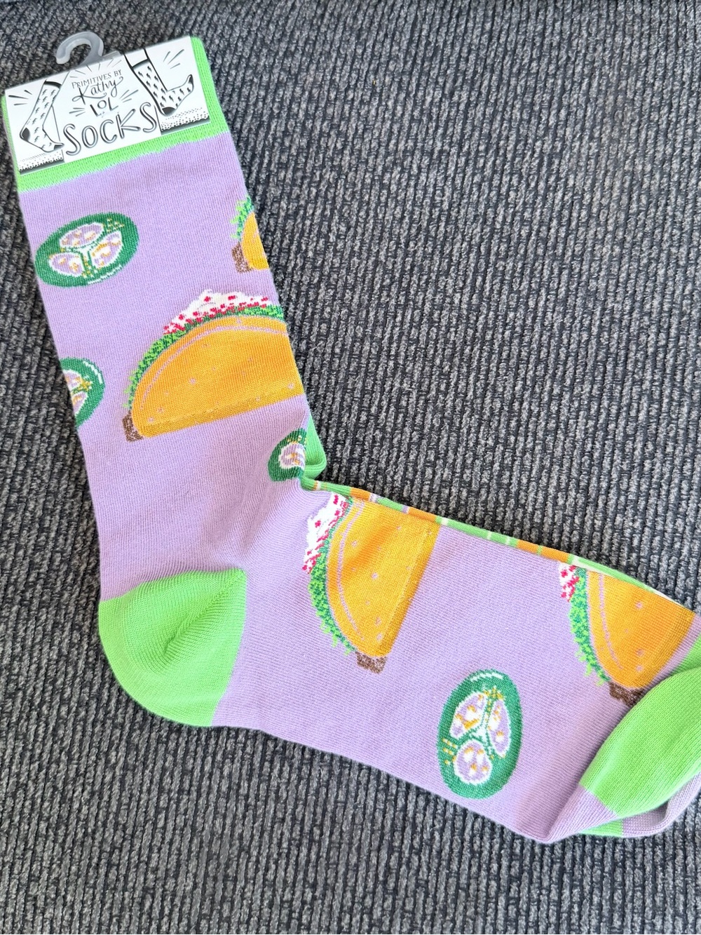 Purple Taco Print Crew Socks with Green Accents